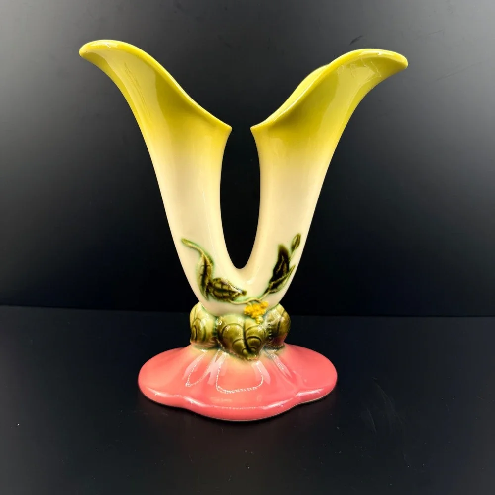 Hull Pottery Wildflower‎ Double Cornucopia Vase W15-8.5 Pink Yellow Green MCM